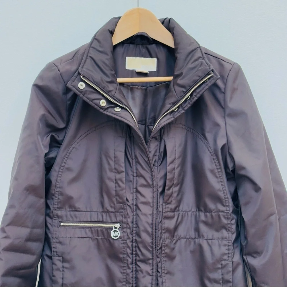 Michael Kors Zip Front Mid Length Parka Coat Removeable Hood Chocolate Brown S